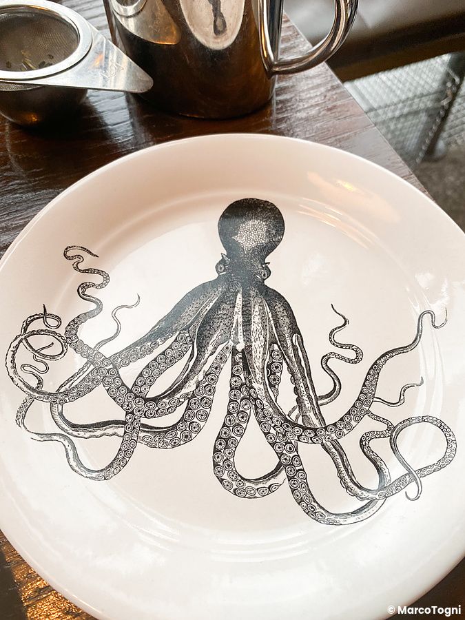 Un piatto di ceramica bianca con il disegno di un polpo poggiato su un tavolo al ristorante The Apollo a Ginza.