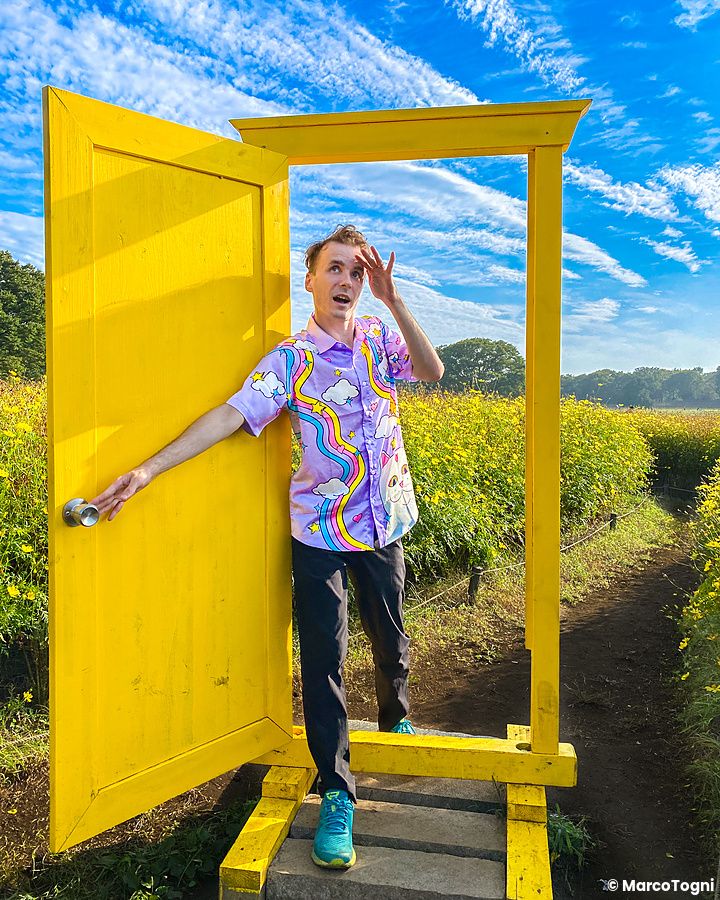 Marco Togni accanto a porta artistica gialla in un parco fiorito sotto un cielo azzurro.