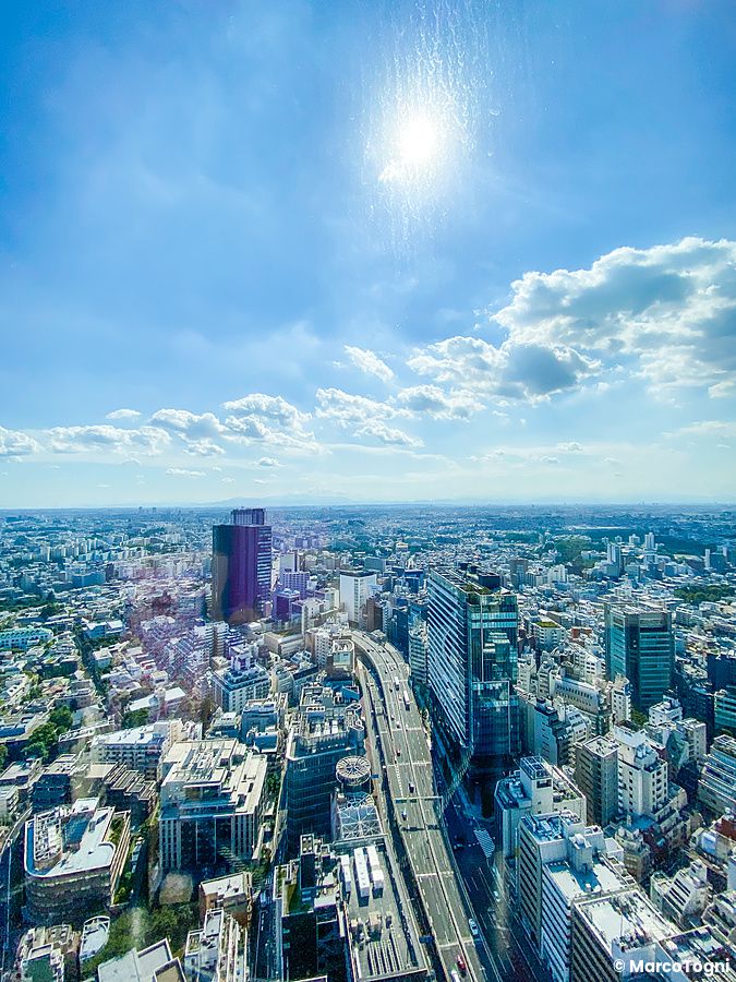 Veduta panoramica diurna dei grattacieli di Shibuya scattata dall'interno del Bar Bellovisto a Shibuya.