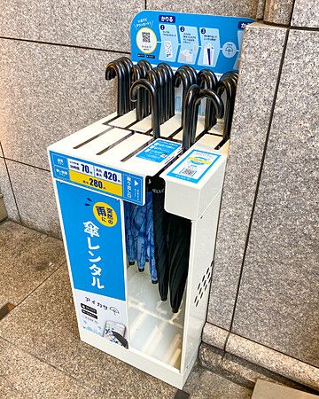 Postazione di noleggio di ombrelli con diversi ombrelli disponibili lungo un marciapiede.