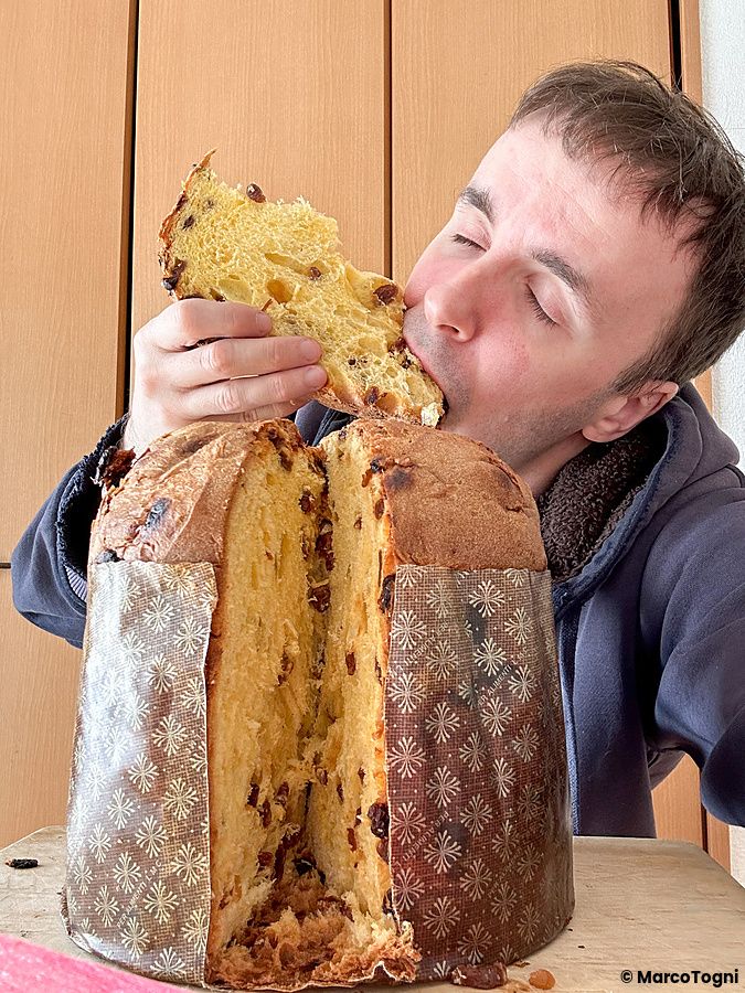Marco Togni mangia una fetta di panettone acquistato alla panetteria DonQ a Tokyo, Giappone.