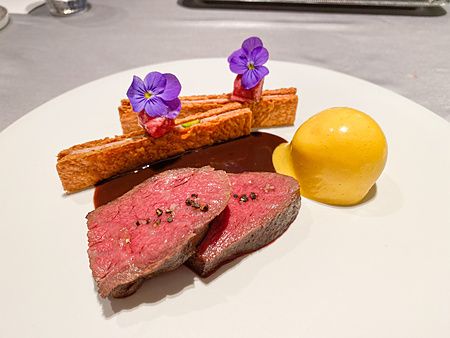 Manzo cotto sottovuoto a bassa temperatura, accompagnato da una salsa al vino rosso a Asahina Gastronome in un piatto.