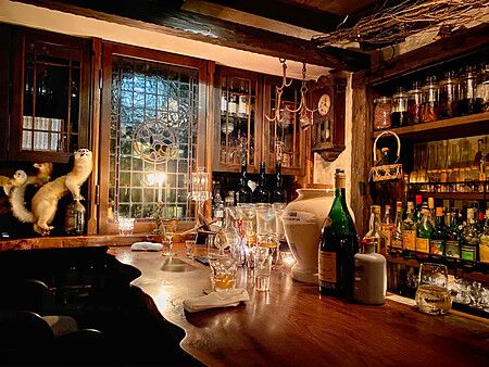 Il bancone in legno del Bar Benfiddich a Shinjuku è illuminato da luci calde, circondato da bottiglie e decorazioni botani...