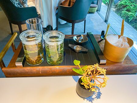Carrello per cocktail di benvenuto con erbe aromatiche a L'Effervescense, Tokyo, con contenitori in vetro e ghiaccio.