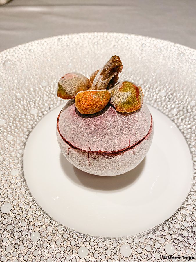 Un dolce a forma di mangostano con pomelo servito su un piatto decorato presso Asahina Gastronome a Tokyo.