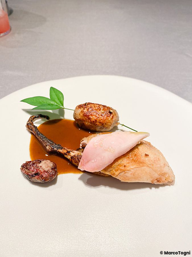 Quaglia aromatizzata con del whisky servita su un piatto di ceramica bianca presso Asahina Gastronome a Tokyo.