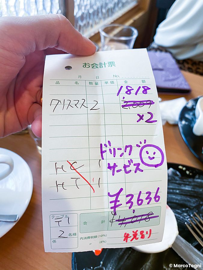 Una mano tiene un conto cartaceo scritto a penna con indicazioni di prezzo nel ristorante Chaka.