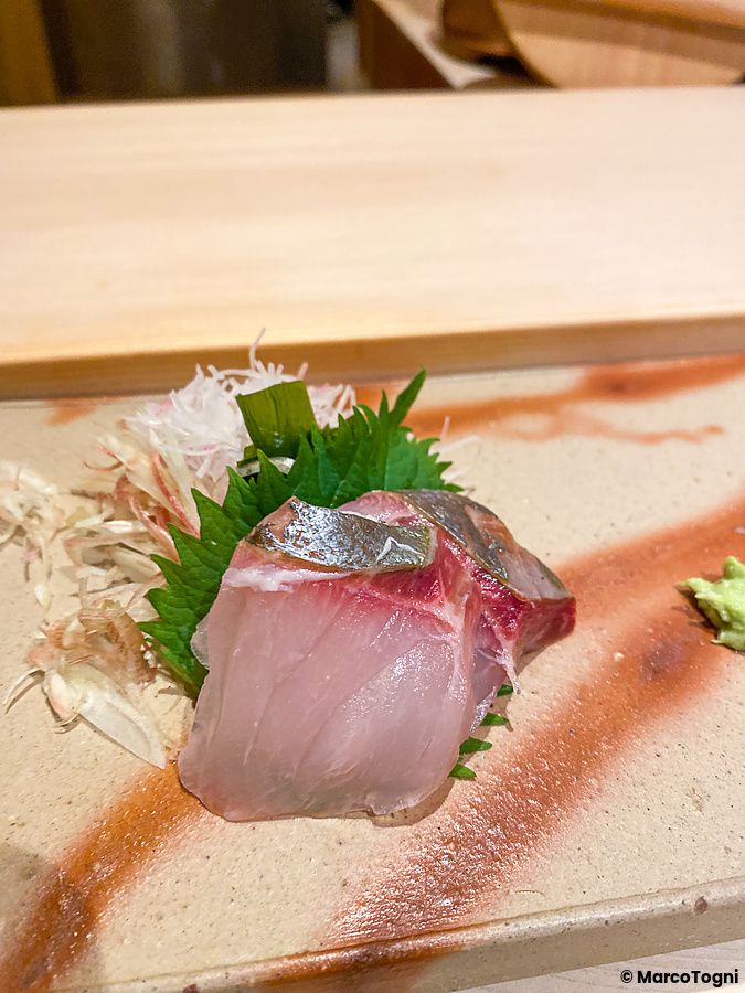 Sashimi servito su un piatto di ceramica presso il Sushi Ginza Onodera Souhonten nel quartiere di Ginza a Tokyo.