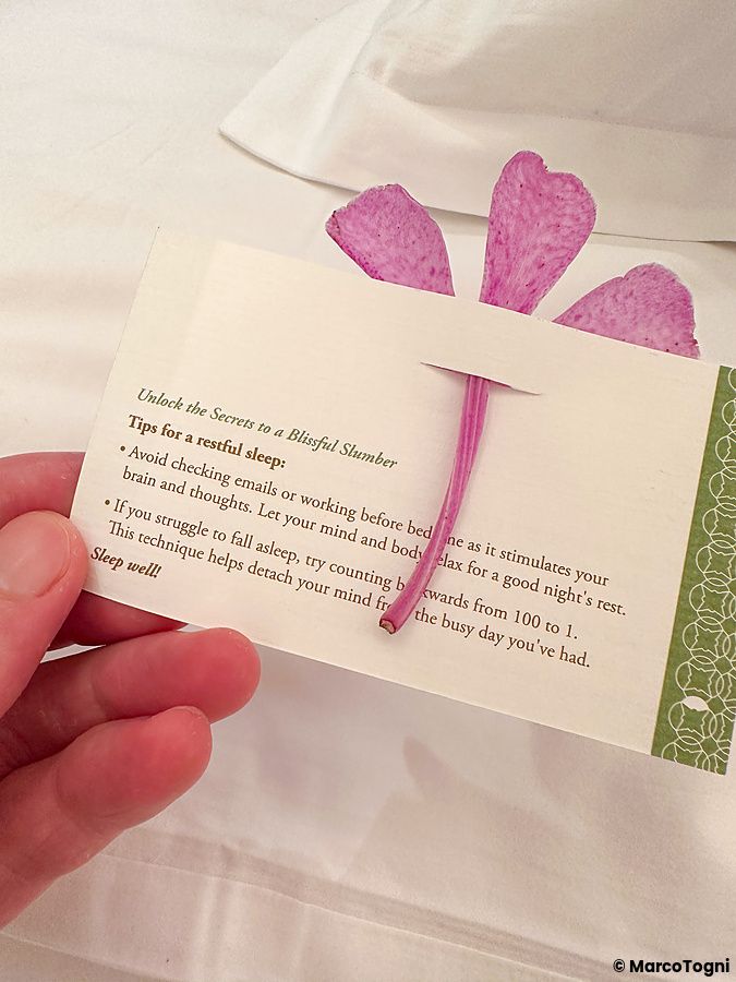 Biglietto con suggerimenti per il sonno e decorazione floreale al Mandarin Oriental Bangkok.