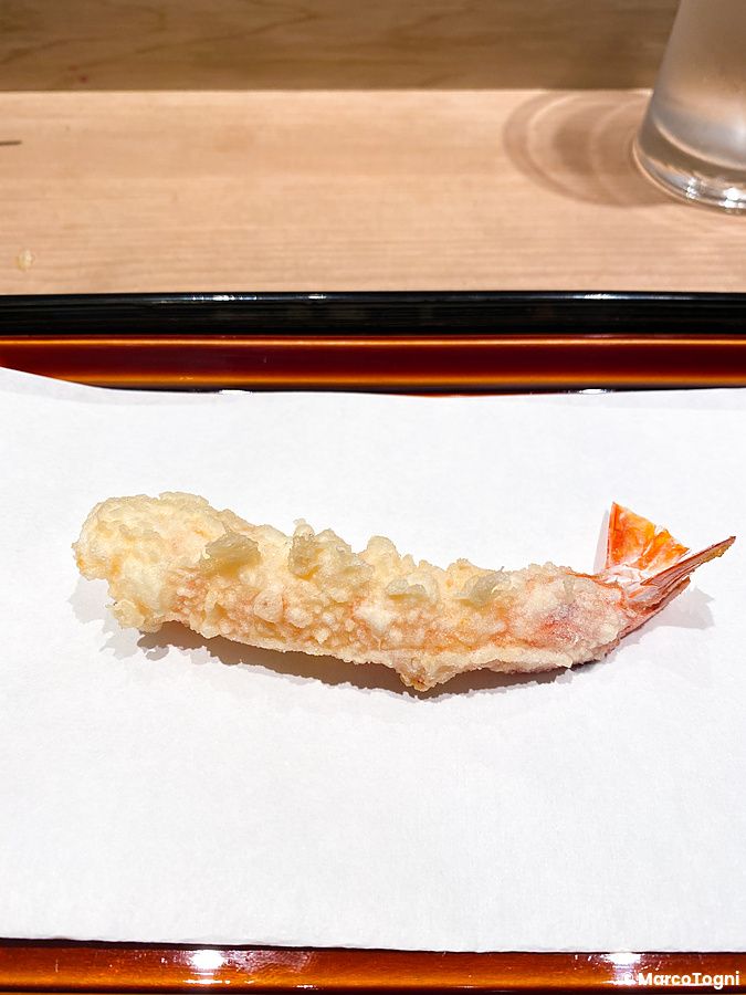 Un gambero a Tempura Kondo servito su un foglio di carta bianca all'interno di un vassoio scuro a Ginza, Tokyo.
