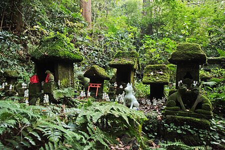 Altari coperti di muschio nel santuario Sasuke Inari a Kamakura