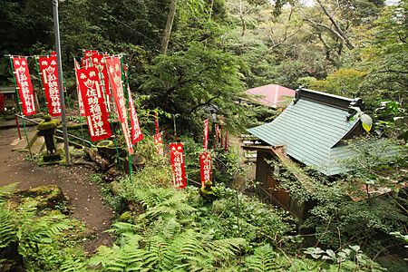 Il santuario Sasuke Inari a Kamakura con bandiere rosse tra la vegetazione.