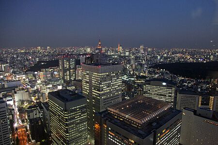 Vista notturna dei grattacieli di Tokyo illuminati.