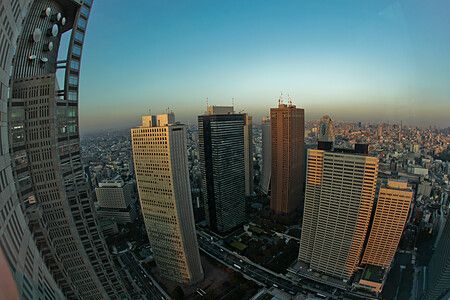 Skyline di Tokyo con torri al tramonto viste dall'alto.