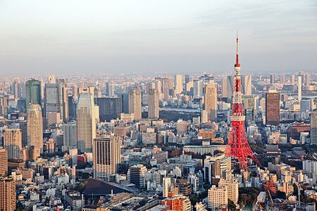Vista di Tokyo con la Tokyo Tower e grattacieli al tramonto.