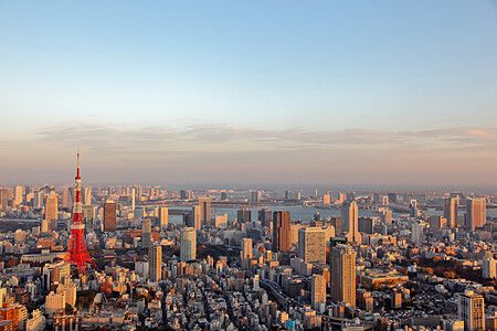 Veduta aerea di Tokyo con la Tokyo Tower al tramonto.