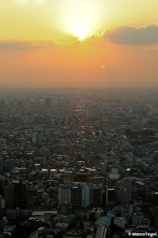 Panorama urbano di Tokyo al tramonto visto dall'alto.