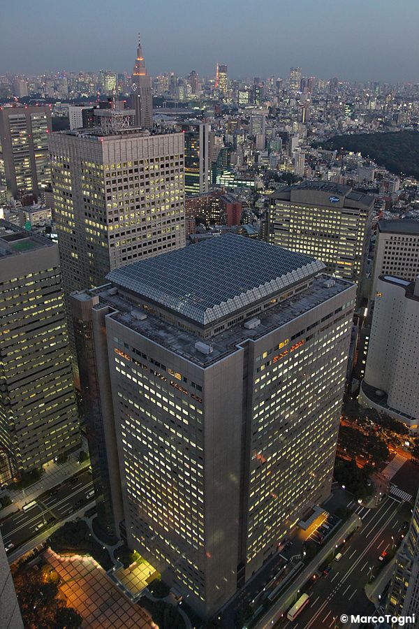 Vista notturna di Tokyo con grattacieli illuminati.