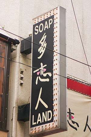 Insegna luminosa di Soapland su un edificio a Tokyo.