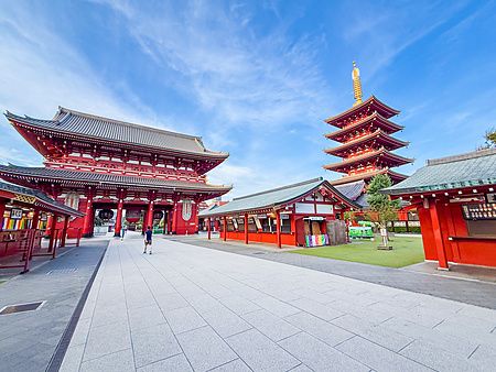Tempio Senso-ji ad Asakusa con pagoda e cielo azzurro.
