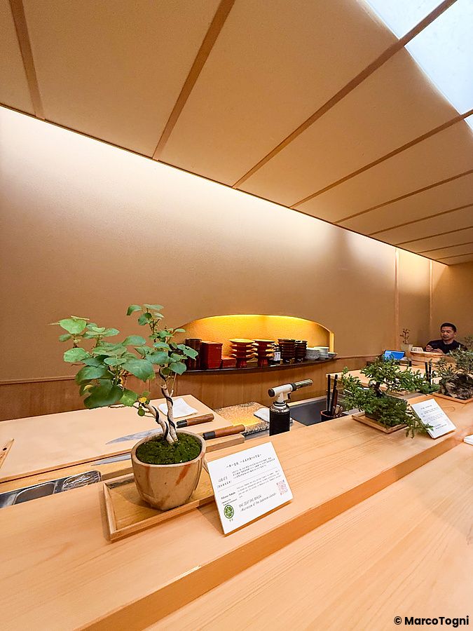 Veduta ravvicinata del bancone a Waunn in legno chiaro con piccoli bonsai e utensili da cucina ad Asakusa.