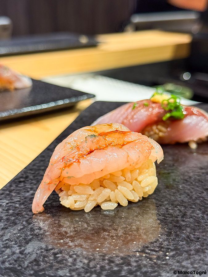Un nigiri di gambero crudo servito su una piastra di pietra scura presso il Kaiten Sushi Ginza Onodera a Omotesando.