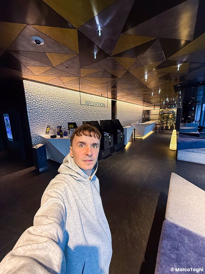 Marco Togni in felpa grigia scatta un selfie nella lobby a JR East Hotel Mets Premier Akihabara con soffitto geometrico.