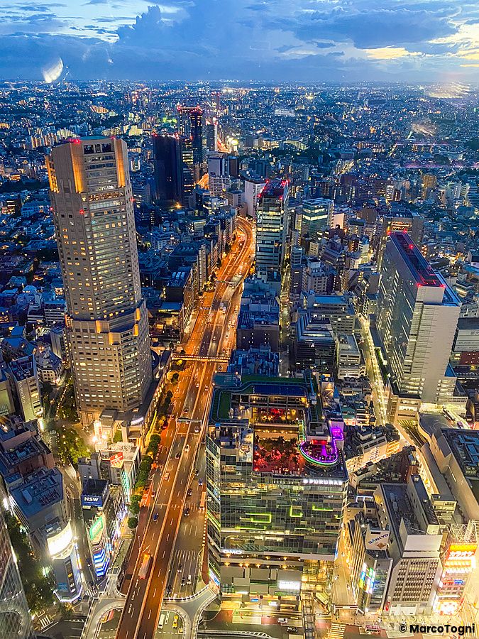 Vista panoramica di Tokyo al tramonto da Shibuya Sky, con grattacieli illuminati.