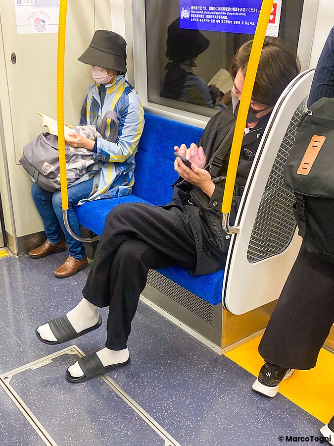 Due persone siedono sui sedili blu all'interno di un treno in Giappone mentre usano uno smartphone e leggono.