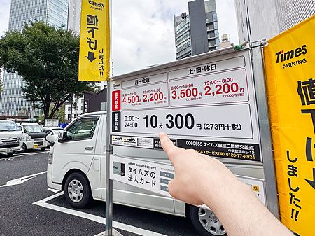 Persona indica cartello con tariffe in un parcheggio a Tokyo, auto ed edifici sullo sfondo.