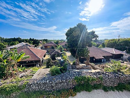 vista aerea su case tradizionali a Isola Taketomi, Okinawa