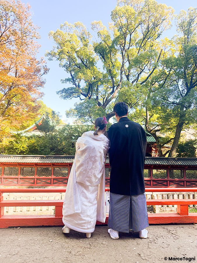 Una coppia in abiti tradizionali giapponesi osserva il panorama presso il Santuario Nezu a Tokyo.