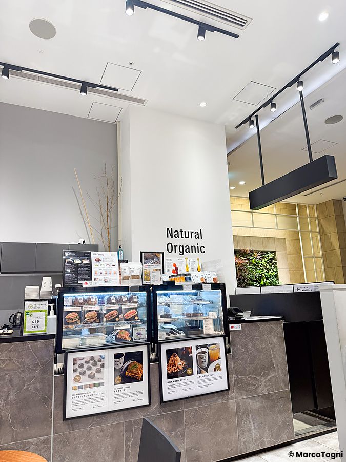 Interno del punto vendita HealthyTokyo con bancone bianco, vetrine refrigerate per cibi vegani e insegna Natural Organic.