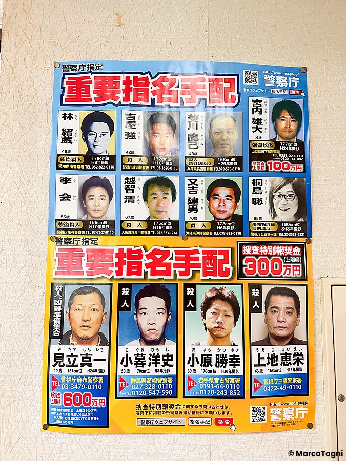Manifesti ricercati giappone con fotografie di persone e dati identificativi affissi su una parete in Giappone.
