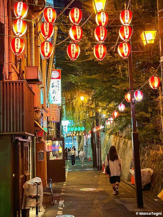 Stradina con lanterne rosse e persone a Shibuya Nonbei Yokocho.
