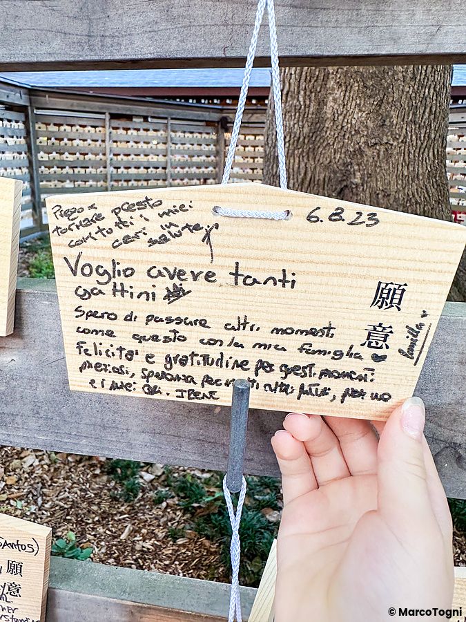 Una mano sostiene una tavoletta ema di legno con scritte in italiano appesa a un supporto in un tempio in Giappone.
