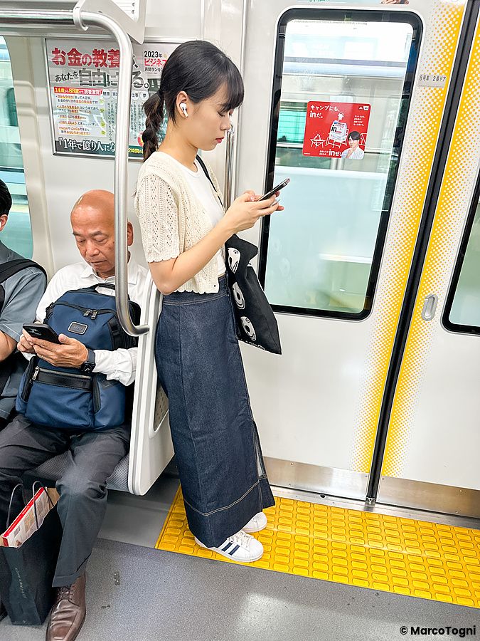 Due persone su un treno giapponese utilizzano i loro telefoni.