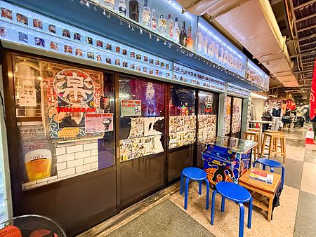 Ingresso del Ninjabar nella Asakusa Underground Street a Tokyo con vetrine decorate, poster e sgabelli blu all'esterno.