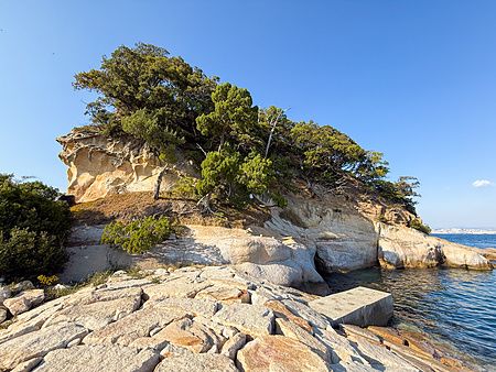 Veduta panoramica dell'isola di Eshima (Awaji) con le sue caratteristiche formazioni rocciose in arenaria e alberi.