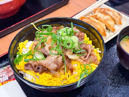 Una ciotola di gyudon con uova e cipollotti servita con gyoza in una stazione di servizio in autostrada in Giappone.