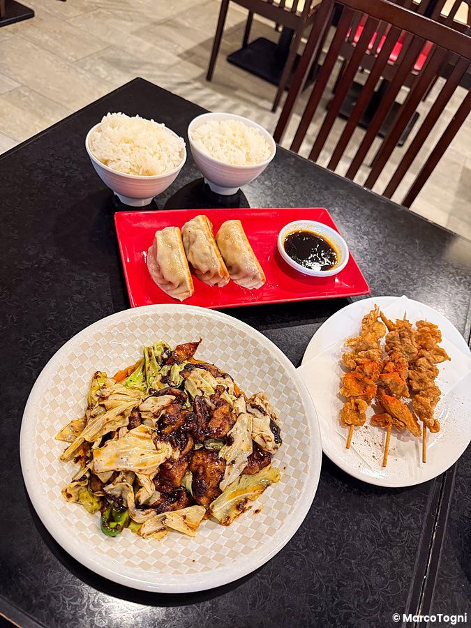 Verdure saltate con carne di soia, spiedini di carne di soia e gyoza su un tavolo al ristorante Sairaien di Ueno.