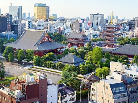Vista panoramica dall'alto del tempio Senso-ji ad Asakusa, con la sua pagoda e gli edifici storici circondati dalla città.