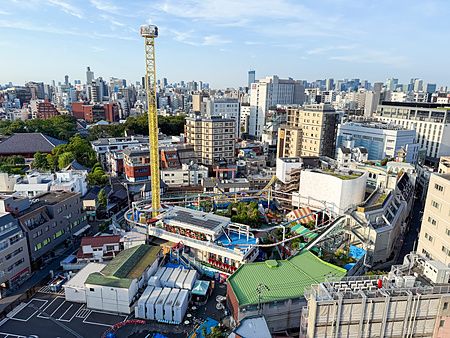 Vista aerea di Asakusa con un parco divertimenti e una torre gialla tra gli edifici.