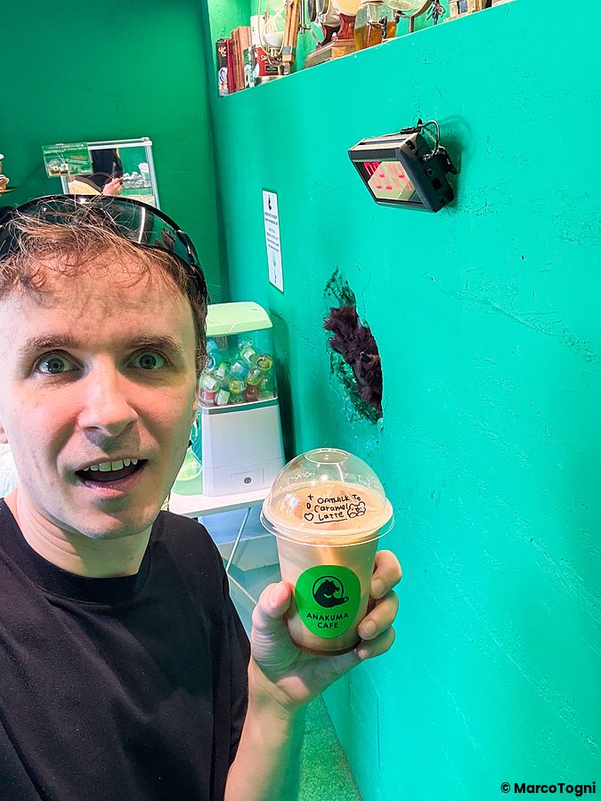 Marco Togni scatta un selfie nell'Anakuma Cafe di Harajuku mentre una mano di orso spunta da un foro sul muro verde.