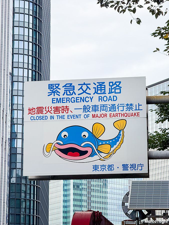 Cartello stradale a Tokyo con un pesce illustrato per avvisi di terremoto.