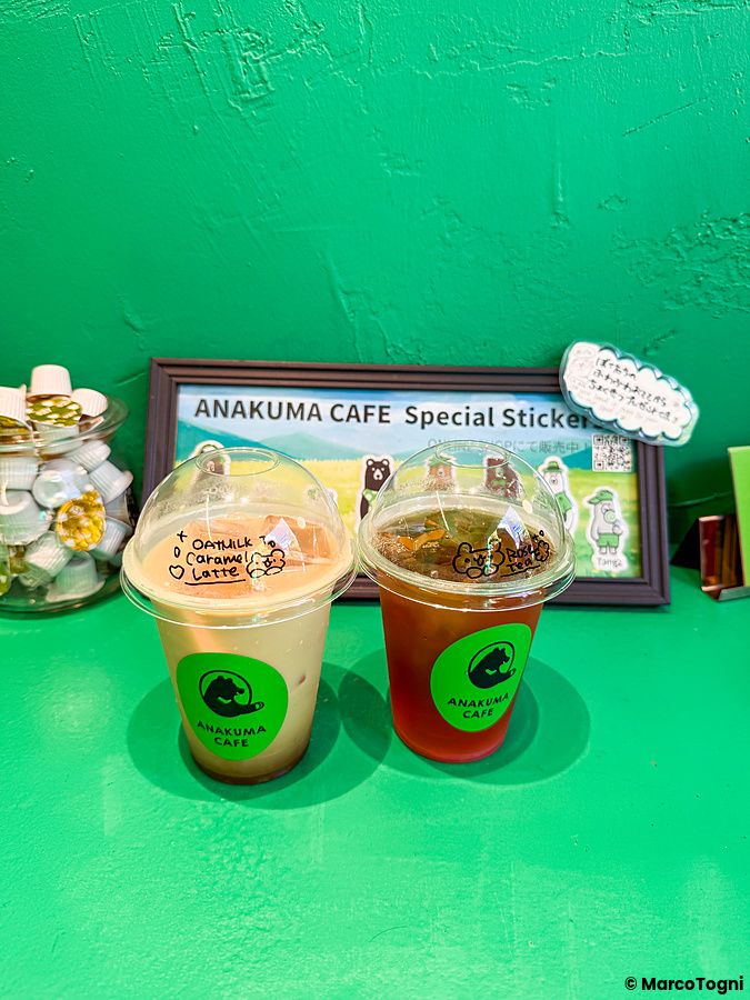 Due bicchieri di plastica con bevande dell'Anakuma Cafe poggiati su un bancone verde.