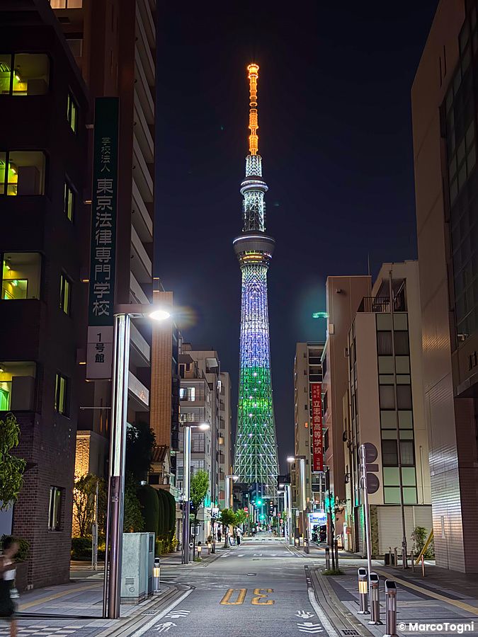 Veduta notturna della Tokyo Skytree che si staglia in fondo a una strada fiancheggiata da edifici a Kinshicho.