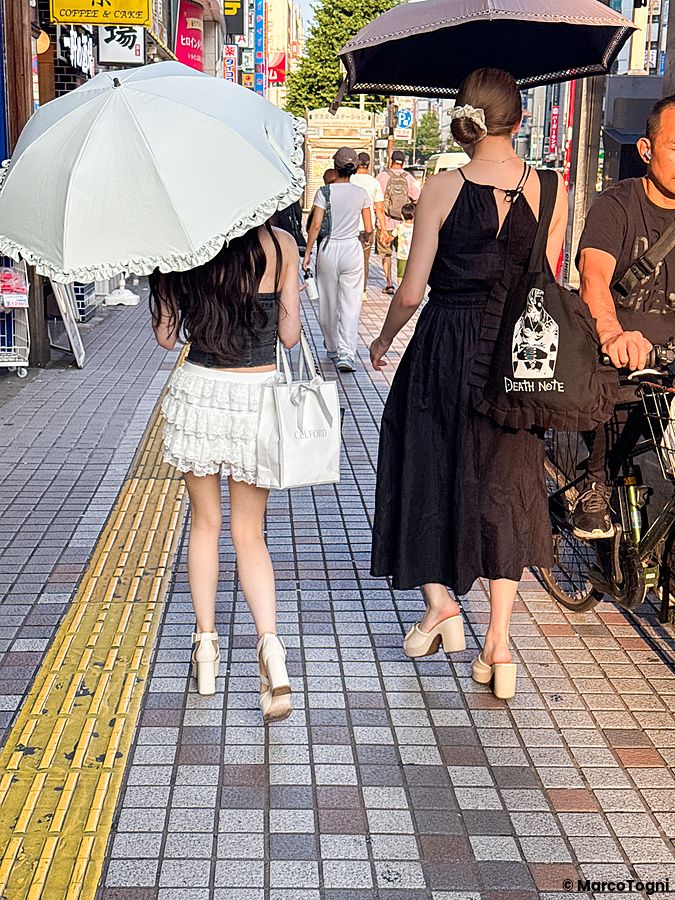 Due persone camminano a Tokyo usando ombrelli per contrastare il sole in una giornata estiva.