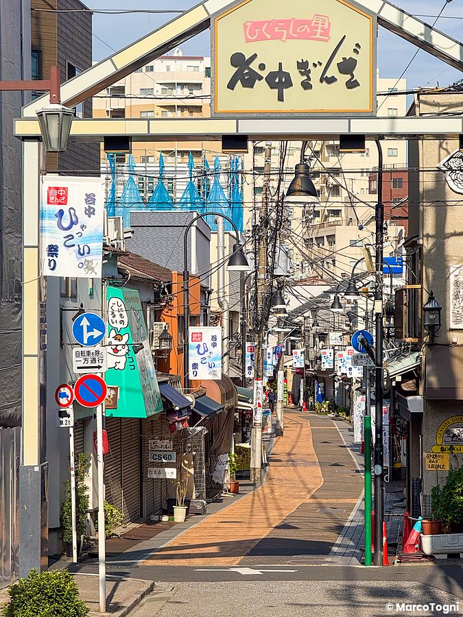 L'ingresso del quartiere Yanaka Ginza a Tokyo con i suoi edifici bassi, insegne colorate e una strada pavimentata.