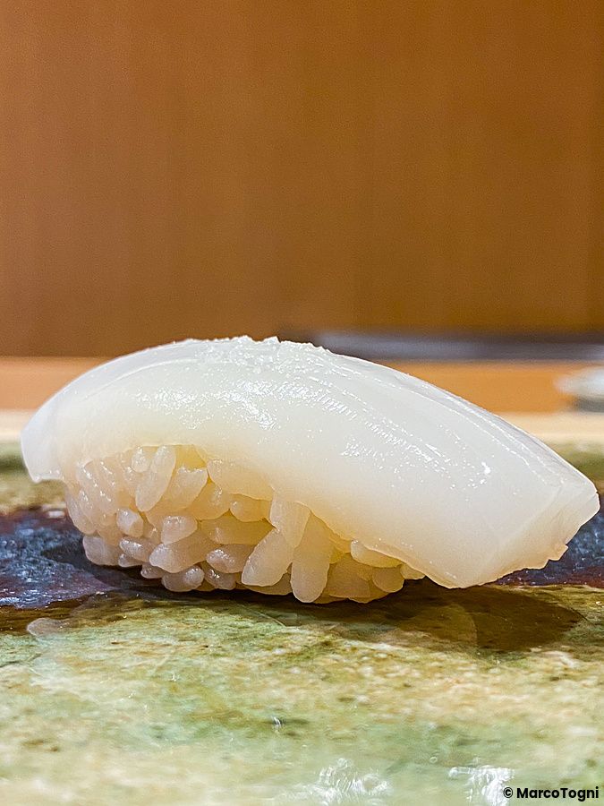 Un Ika nigiri con seppia bianca inciso sopra una base di riso, servito su un piatto di ceramica al ristorante Ginza Iwa.